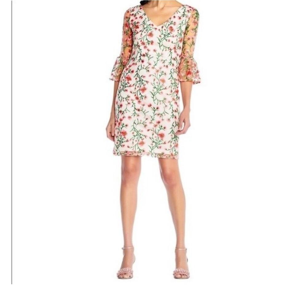 Adrianna Papell Floral Embroidered Sheath Dress Bell Sleeves Size 6 Multicolor
